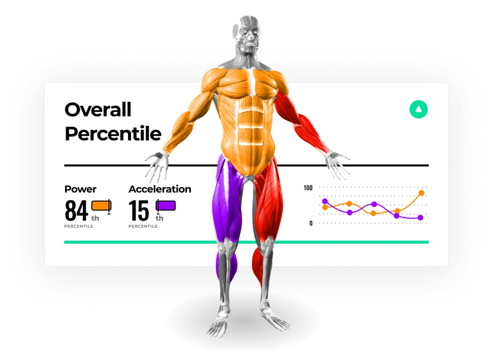 Overall percentile report with a body heat map and power and acceleration percentile scores